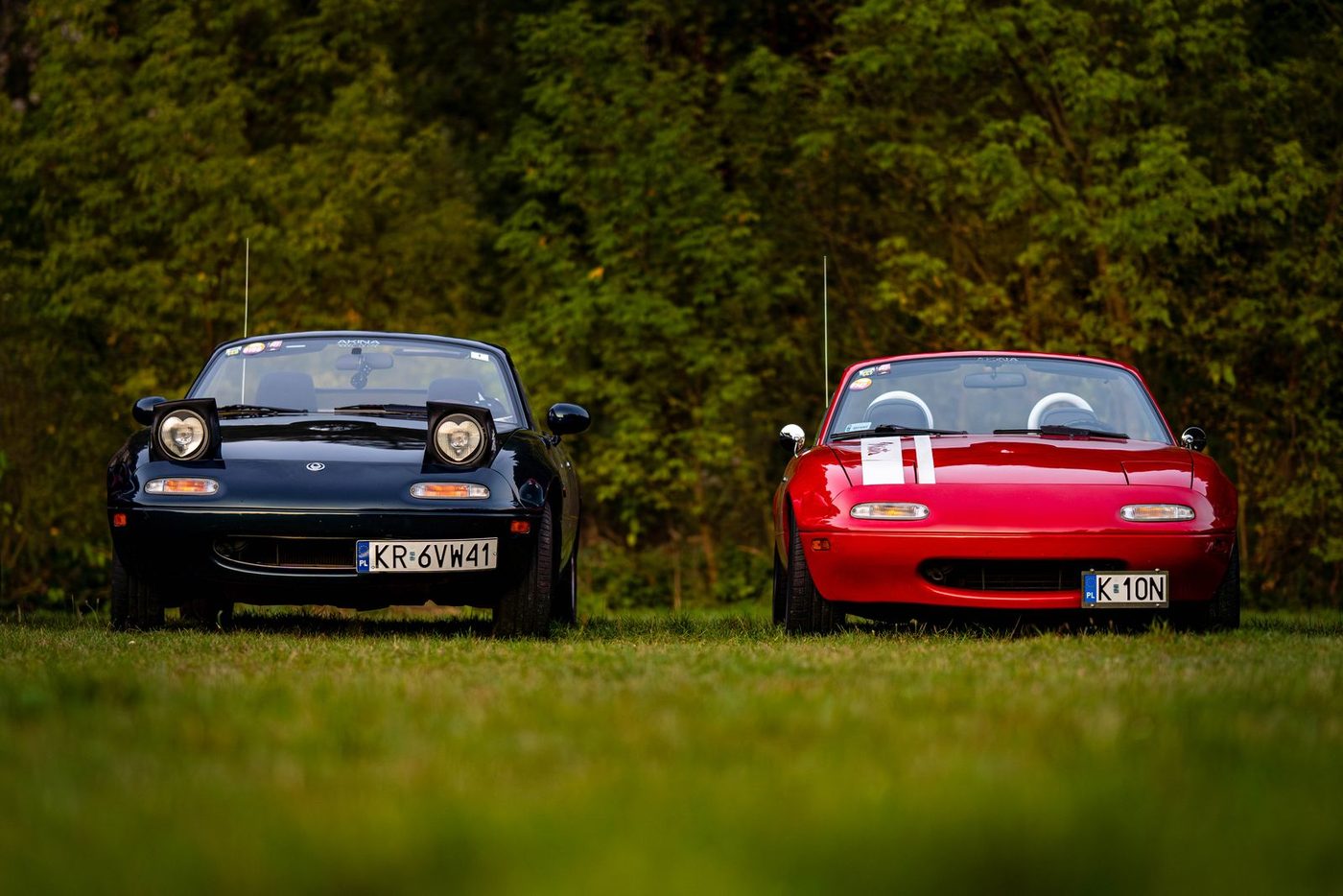 Two first-generation Mazda MX-5 roadsters parked on grass