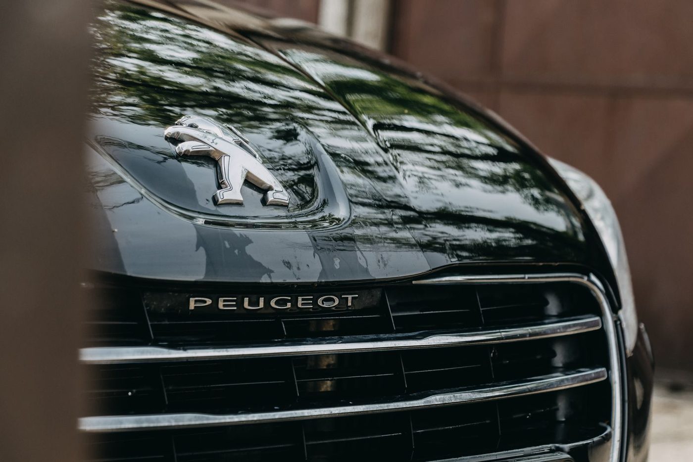 Peugeot lion badge on the front of a black car