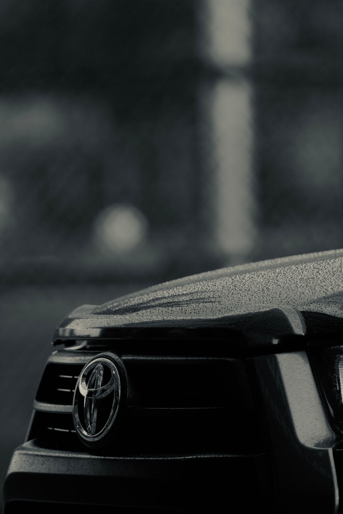 Close-up of the chrome Toyota emblem on a car grille