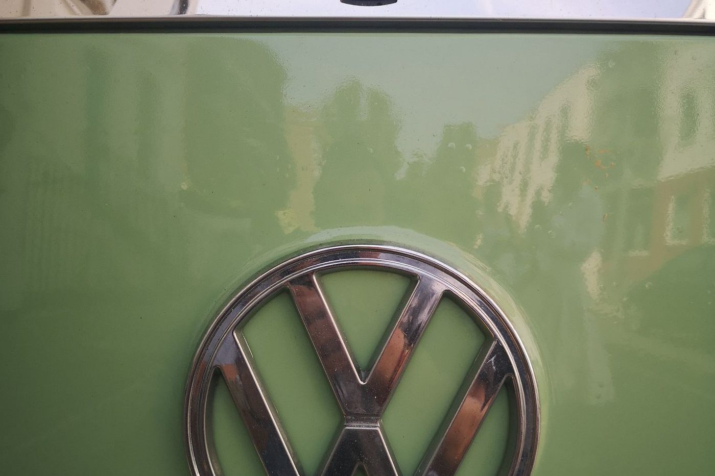 Volkswagen badge on the front of a Type 2 van